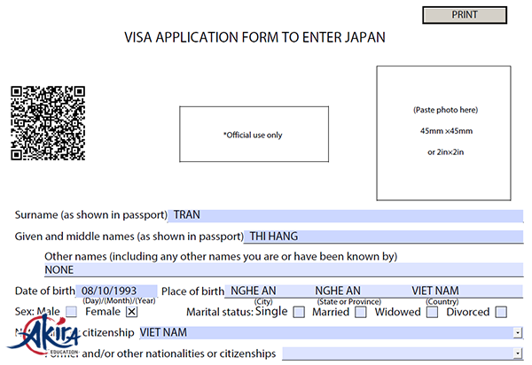 Tờ khai xin Visa Nhật Bản